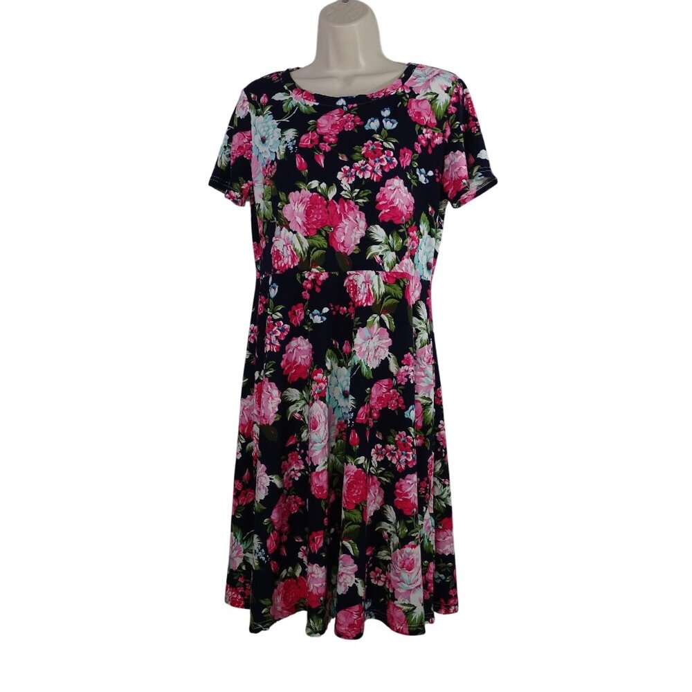VeryAnn Black Floral A-line Fit and Flare Dress  Women Size L Short Sleeve
